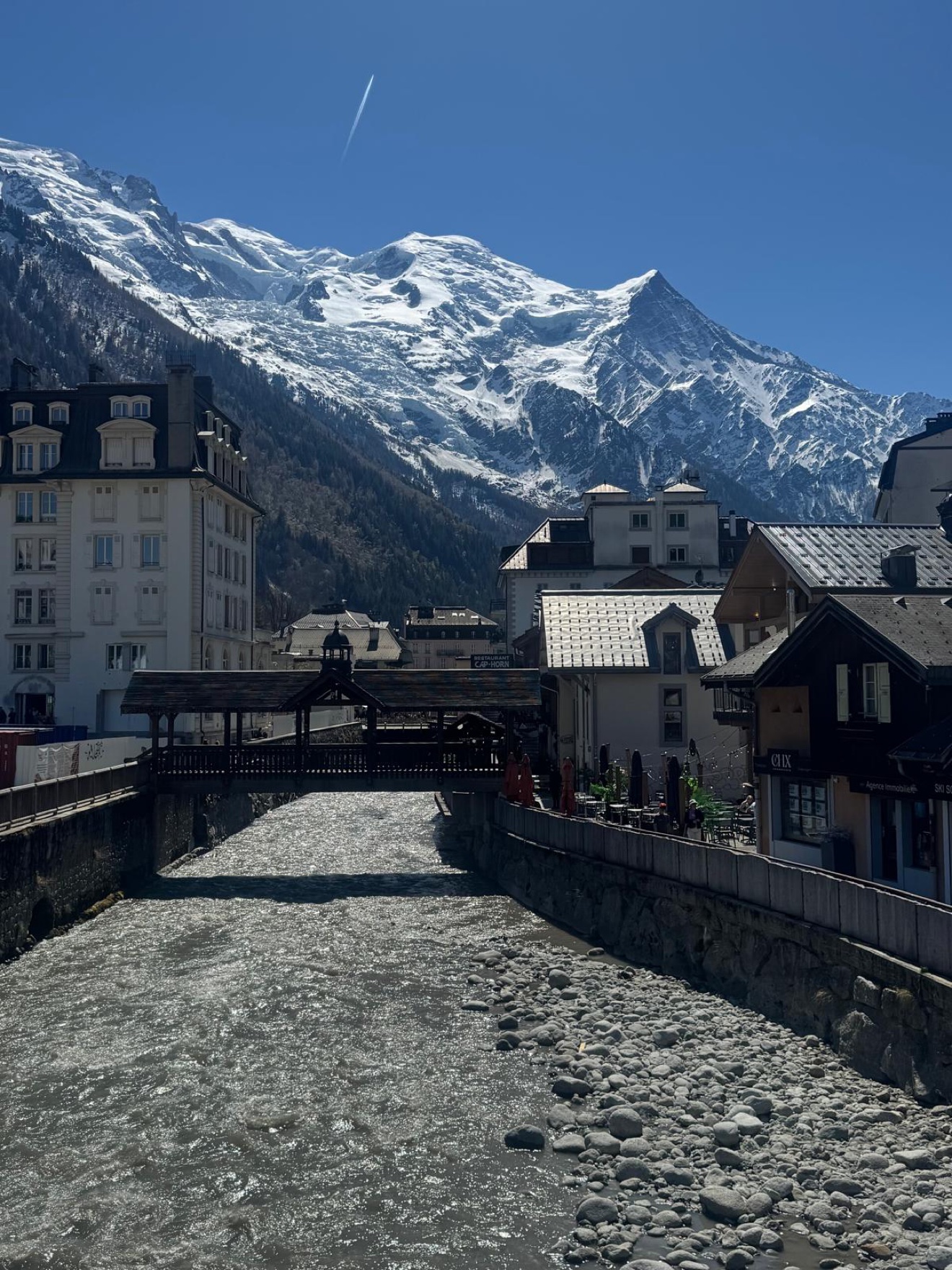 Chamonix town and the Arve river beneath the snow-covered Mont Blanc massif