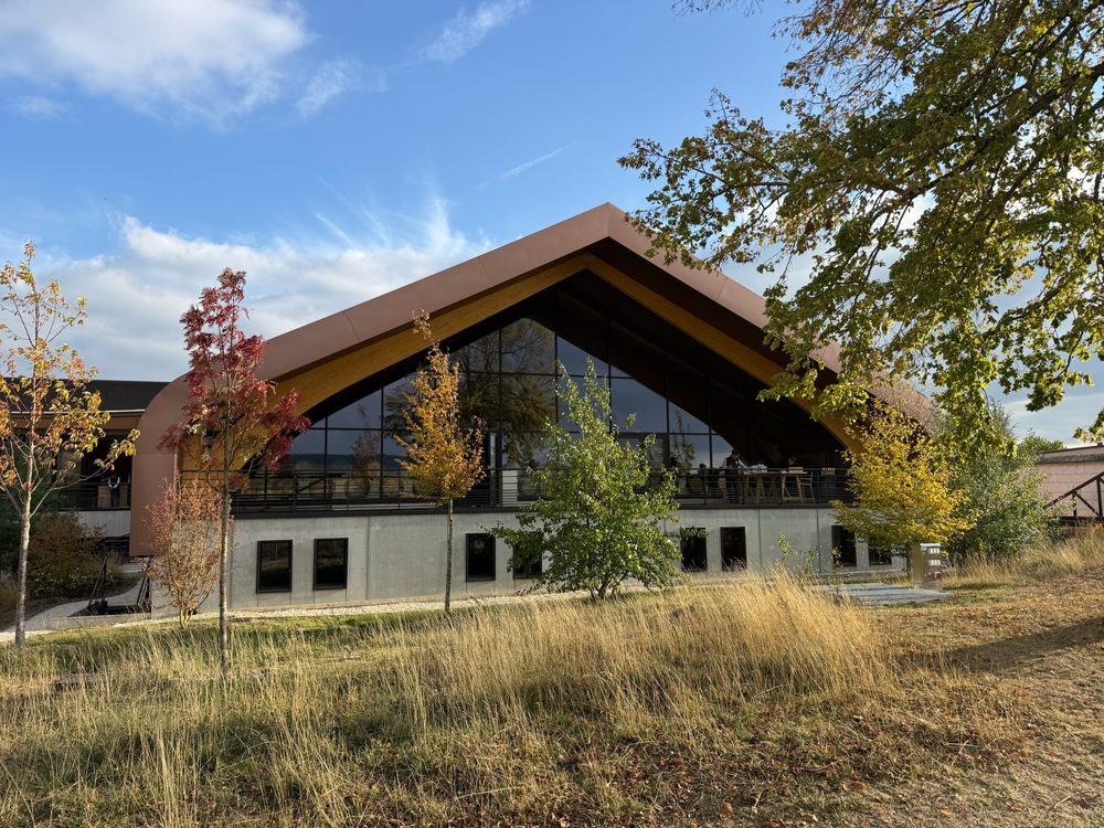 A modern angular building among autumn trees