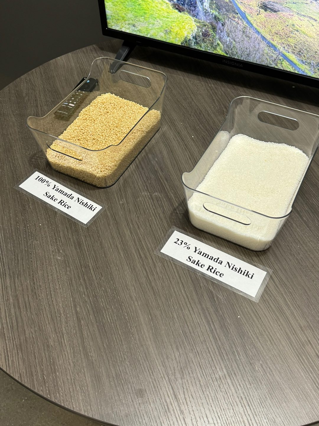 Two tubs of Yamada Nishiki rice at Dassai Blue: the whole brown grain, and the same rice polished down to 23 per cent, white and pearl-like