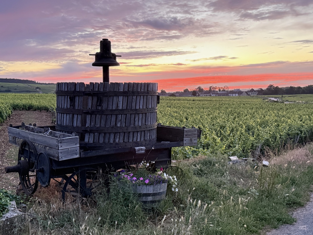 Antique wine press in a Burgundy vineyard at sunset