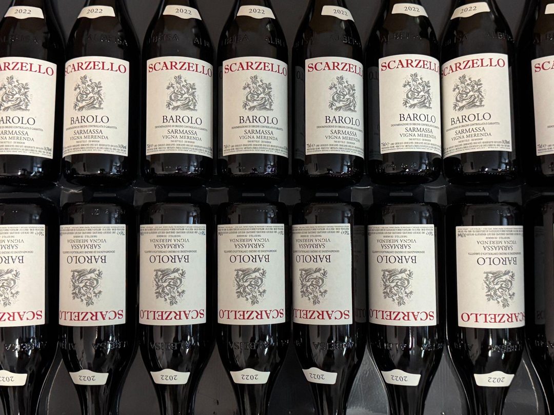 Stacked bottles of Scarzello Barolo Sarmassa Vigna Merenda 2022 in the cellar