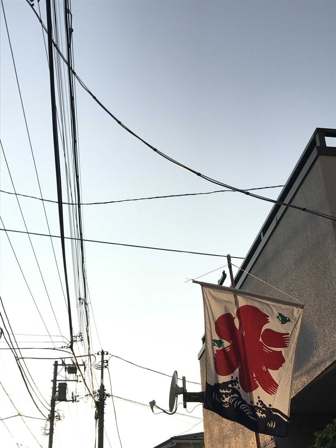 Overhead wires above a Tokyo street, with a shop banner carrying a large red Japanese character