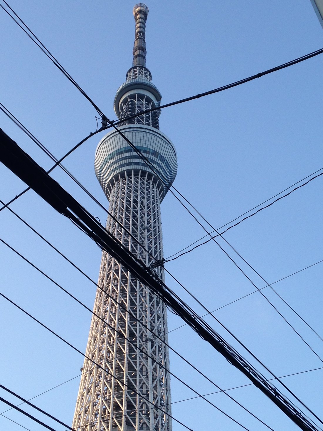 Tokyo Skytree rising behind a lattice of overhead wires against a clear sky